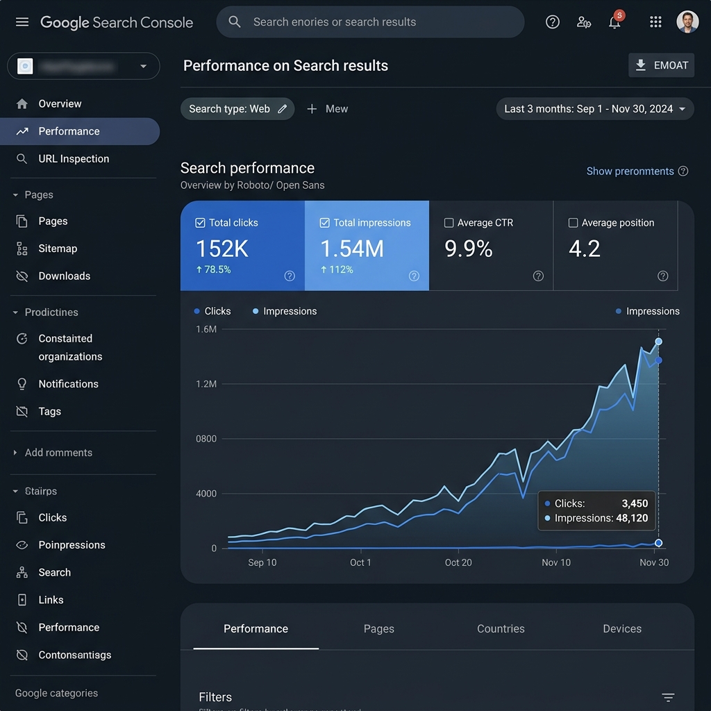 Google Search Console showing 1.5M impressions from custom technical SEO deployment